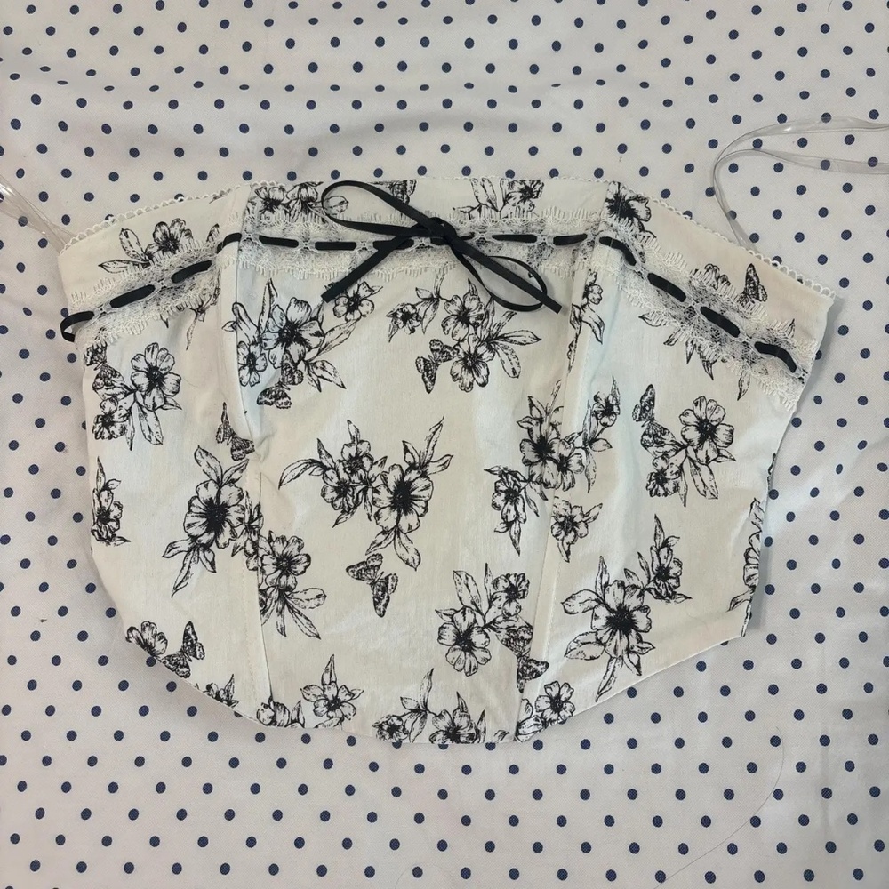 Cream Corset Tube Top With Black Floral Design